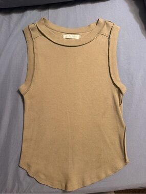 Free People We The Free M Brown Ribbed Tank Top Raw Seam Curved Hem